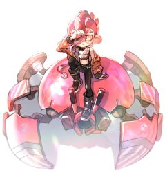 1boy androgynous black_boots black_pants boots commentary_request crab_tank_(splatoon) eyebrow_cut glint highres jacket korean_commentary long_hair male_focus midriff mohawk navel nintendo octoling octoling_boy octoling_player_character one_eye_closed open_clothes open_jacket pants red_hair red_jacket solo splatoon_(series) splatoon_3 tentacle_hair uuurung white_background