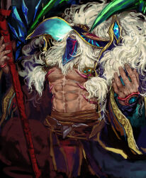 1boy abs absurdres bara bare_pectorals character_request cowboy_shot forked_eyebrows hat highres holding holding_staff large_pectorals long_hair male_focus mature_male megido72 minomushi_(mutsugor0) mouth_veil muscular muscular_male navel old old_man pectorals shaman solo staff strongman_waist thick_eyebrows tribal veil very_long_hair white_hair wizard_hat wrinkled_skin