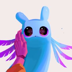 Rule 34 | axolotl ears, blue skin, close-up, colored skin, commentary request, creature, creature focus, eye reflection, five pebbles, highres, iterator (rain world), korean commentary, no humans, no mouth, pink eyes, pink skin, rain world, reflection, rice candy, rivulet (rain world), robot, robot ears, simple background, slugcat, white background