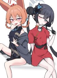 2girls absurdres alternate_costume animal_ears black_dress black_gloves black_hair black_sash blue_archive blush braid braided_hair_rings butterfly_hair_ornament china_dress chinese_clothes cosplay costume_switch double_bun dragon_print dress fox_ears fox_girl gloves grey_eyes grey_jacket hair_between_eyes hair_bun hair_ornament hair_rings highres holding holding_ladle i3eancurd jacket kisaki_(blue_archive) kisaki_(blue_archive)_(cosplay) ladle long_hair multiple_girls official_alternate_costume official_alternate_hairstyle one_eye_closed open_mouth orange_hair purple_eyes red_dress rumi_(blue_archive) rumi_(blue_archive)_(cosplay) rumi_(small)_(blue_archive) sash short_sleeves sidelocks single_bare_shoulder sleeveless sleeveless_dress striped_clothes striped_jacket twintails vertical-striped_clothes vertical-striped_jacket