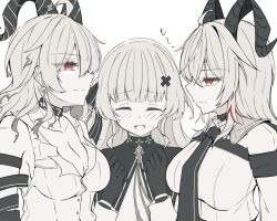 Rule 34 | 3girls, ahoge, armband, bare shoulders, blush, breasts, choker, cleavage, closed mouth, collar, collarbone, commentary request, curled horns, dual persona, earrings, hair ornament, hands up, horns, jewelry, key earrings, large breasts, long hair, mole, mole under eye, monochrome, multicolored hair, multiple girls, necktie, no headwear, open mouth, phoebe (wuthering waves), red eyes, shirt, smug, streaked hair, sweatdrop, torn clothes, torn shirt, wuthering waves, x hair ornament, zani (wuthering waves), zero 3b