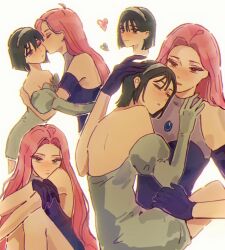 Rule 34 | 2girls, alien stage, black dress, black gloves, black hair, bob cut, brown eyes, commentary, dress, elbow gloves, gloves, hashtag-only commentary, heart, highres, hug, juliet sleeves, kiss, kissing cheek, knees up, long hair, long sleeves, mizi (alien stage), multiple girls, off-shoulder dress, off shoulder, pink hair, puffy sleeves, purple eyes, short hair, sitting, sua (alien stage), white dress, white gloves, whitebeepink, yuri