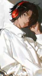 1boy absurdres alternate_costume alternate_hairstyle brown_hair closed_mouth commentary_request expressionless hair_over_one_eye hand_in_pocket headphones highres jacket long_bangs long_sleeves looking_at_viewer male_focus manatsu_no_yo_no_inmu maria_(maria_rose) short_hair solo upper_body white_jacket yajuu_senpai zipper