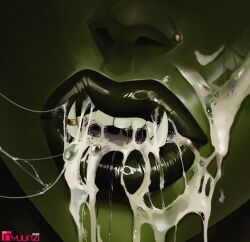1girl absurdres after_fellatio artist_name close-up colored_skin cum cum_in_mouth cum_on_body facial female_orc green_skin highres lips mouth_focus nose_piercing nyuunzi orc original piercing solo tusk_ring tusks