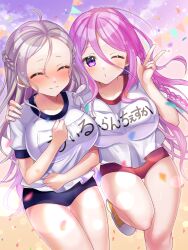2girls breasts brown_hair buruma closed_eyes commission confetti francesca_frainseigner gym_uniform hachidoriwanokuni highres iris_mysteria! large_breasts multiple_girls one_eye_closed pink_hair purple_eyes skeb_commission sports_festival variant_set will_(iris_mysteria!)