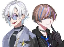 Rule 34 | 2boys, :d, black choker, black coat, black gloves, black shirt, blue eyes, blue hair, blue necktie, brown hair, chain, chain necklace, choker, closed mouth, coat, coat on shoulders, collared shirt, commentary, crescent, crescent necklace, crossed bangs, earrings, fang, finger to cheek, gloves, grey choker, hair between eyes, hand up, highres, index finger raised, jewelry, kaelix debonair, kaohom503, lapels, looking at viewer, male focus, mole, mole under eye, multicolored hair, multiple boys, necklace, necktie, nijisanji, nijisanji en, one eye closed, open mouth, purple-tinted eyewear, purple hair, round eyewear, seible (nijisanji), shirt, short hair, simple background, smile, streaked hair, sunglasses, symbol-only commentary, teeth, tinted eyewear, turtleneck, upper body, upper teeth only, virtual youtuber, white background, white hair, white shirt, wing collar