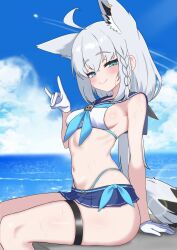 1girl absurdres ahoge animal_ear_fluff animal_ear_piercing animal_ears arm_support bikini blue_eyes blue_neckerchief blue_sailor_collar blue_skirt blue_sky blush braid breasts closed_mouth cloud commentary_request crossed_bangs day fox_ears fox_girl fox_shadow_puppet fox_tail from_side gloves grey_hair hair_between_eyes half-closed_eyes highleg highleg_bikini highres hololive lens_flare long_hair looking_at_viewer medium_breasts microskirt navel neckerchief ocean oldsickkim outdoors pleated_skirt sailor_collar shirakami_fubuki side_braid sideboob single_braid sitting skindentation skirt sky smile solo stomach swimsuit tail thigh_strap very_long_hair virtual_youtuber water_drop wet white_bikini white_gloves