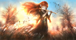 00 1girl backlighting bird closed_eyes dress elf fantasy female_focus field flute goose highres instrument jpeg_artifacts long_hair moon music original outdoors pale_skin playing_instrument pointy_ears scenery sky solo sun sunlight sunrise tree wind