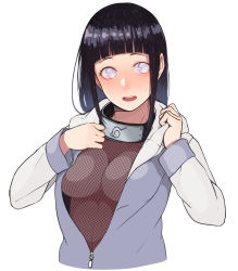 Rule 34 | 1girl, absurdres, black hair, black headband, blue jacket, blunt bangs, blush, bodystocking, bodysuit, bodysuit under clothes, breasts, cleavage, commentary, cropped torso, embarrassed, emblem, female focus, fishnet bodystocking, fishnets, headband, headband around neck, highres, hood, hood down, hyuuga hinata, jacket, kobaji, konohagakure symbol, long hair, looking at viewer, medium breasts, multicolored jacket, naruto, naruto (series), naruto shippuuden, ninja, no bra, open clothes, open jacket, parted lips, raglan sleeves, revision, see-through clothes, simple background, solo, straight hair, surprised, sweat, unzipped, upper body, white background, white eyes, white jacket, zipper, zipper pull tab