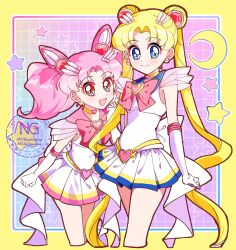 Rule 34 | 2girls, bishoujo senshi sailor moon, blonde hair, blue eyes, blue sailor collar, bow, brooch, chibi usa, choker, cone hair bun, double bun, elbow gloves, garnet rod, gloves, gumii42, hair bun, hair ornament, heart, heart brooch, heart choker, highres, jewelry, long hair, magical girl, multicolored skirt, multiple girls, pink brooch, pink hair, pink sailor collar, red bow, sailor chibi moon, sailor collar, sailor moon, sailor senshi uniform, skirt, smile, super sailor chibi moon, super sailor moon, tsukino usagi, twintails, white gloves