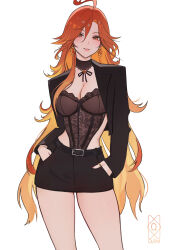 1girl absurdres ahoge alternate_costume artist_logo belt black_belt black_jacket black_skirt bodice breasts cleavage colored_inner_hair commentary cowboy_shot earrings fingernails genshin_impact hands_in_pockets highres jacket jewelry large_breasts logo long_hair looking_at_viewer mavuika_(genshin_impact) multicolored_hair nail_polish orange_eyes orange_hair orange_nails parted_lips quilm simple_background skirt skirt_pocket smile solo very_long_hair white_background