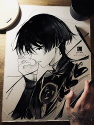 Rule 34 | 1boy, alticute, armor, art tools in frame, artist&#039;s hand in frame, artist name, bilibili logo, blunt ends, calligraphy brush (medium), cropped torso, eyelashes, genshin impact, greyscale, hand up, highres, japanese armor, japanese clothes, jewelry, kimono, kote, looking down, male focus, mandarin collar, mitsudomoe (shape), monochrome, neck ring, open clothes, open kimono, open mouth, photo (medium), portrait, rope, scaramouche (genshin impact), shimenawa, sideways mouth, solo, tears, tiktok logo, tomoe (symbol), traditional media