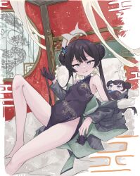 1girl bare_legs barefoot black_dress black_gloves black_hair blue_archive breasts butterfly_hair_ornament china_dress chinese_clothes double_bun dragon_print dress gloves grey_eyes grey_halo hair_bun hair_ornament halo kisaki_(blue_archive) long_hair looking_at_viewer pelvic_curtain pinstripe_jacket pinstripe_pattern print_dress shimeji_take sleeveless sleeveless_dress small_breasts smile solo souvenir_doll_(blue_archive)