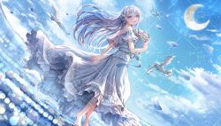 1girl bare_shoulders barefoot bird blue_eyes blue_hair blue_sky blush bouquet dress flower hair_ornament highres holding holding_bouquet indie_virtual_youtuber long_hair moon off_shoulder open_mouth outdoors pointy_ears sakura_(39ra) sky smile solo virtual_youtuber white_dress