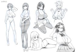 animal_ears animal_print bare_arms bare_legs bare_shoulders bikini bra breast_press breasts character_request choker cleavage closed_mouth collar_bell cow_ears cow_horns cow_print full_body glasses horns huge_breasts large_breasts long_hair looking_at_viewer looking_to_the_side medium_hair monochrome mouth_hold multiple_girls neck_ribbon open_clothes open_mouth open_shirt pantyhose ribbon short_hair simple_background sketch skirt smile swimsuit tank_top teeth_hold thighs topless_female try_(lsc) underwear white_background