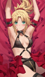 1girl arm_garter armpits arms_up bare_shoulders black_bra black_panties blonde_hair bra braid breasts fate/apocrypha fate_(series) green_eyes highres long_hair looking_at_viewer mordred_(fate) mordred_(fate/apocrypha) navel o-ring panties parted_bangs ponytail sidelocks small_breasts solo tonee underwear