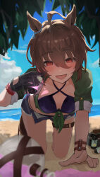 1girl absurdres agnes_tachyon_(lunatic_lab)_(umamusume) agnes_tachyon_(umamusume) ahoge all_fours animal_ears bikini black_bikini black_gloves black_sandals breasts brown_hair cleavage commentary_request criss-cross_halter cross-laced_footwear denim denim_shorts flask gloves green_jacket hair_between_eyes halterneck highres horse_ears horse_girl horse_tail jacket kneeling looking_at_viewer medium_breasts official_alternate_costume open_clothes open_fly open_shorts red_eyes round-bottom_flask sandals short_hair shorts single_glove sleeves_rolled_up smile solo swimsuit tail tainy_y thigh_strap tied_jacket toenails toes umamusume