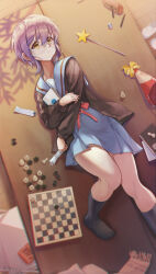 Rule 34 | 1girl, absurdres, black socks, blue sailor collar, blue skirt, book, brown cardigan, brown eyes, cardigan, chess piece, commentary request, eraser, glasses, hat, highres, holding, holding book, holding tanzaku, hugging book, hugging object, kita high school uniform, kneehighs, long sleeves, looking at viewer, nagato yuki, on table, party hat, pen, pencil case, purple hair, red ribbon, ribbon, sailor collar, scarf, school uniform, serafuku, shadow, shoes, short hair, skirt, socks, solo, star wand, suzumiya haruhi no shoushitsu, suzumiya haruhi no yuuutsu, table, tanzaku, thighs, unworn scarf, unworn shoes, user purg4332, uwabaki, white shoes, winter uniform