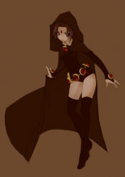 awesome belt boots bridal_gauntlets cloak dc_comics forehead_jewel highres klar leotard raven raven_(dc) simple_background sleeved_leotard teen_titans thigh_boots thighhighs