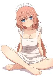 1girl absurdres apron bags_under_eyes barefoot blue_eyes breasts cleavage closed_mouth collarbone commentary_request hair_between_eyes highres large_breasts legs long_hair looking_at_viewer maid_apron maid_headdress michinoku_komaro na-suke naked_apron pink_hair seitokai_ni_mo_ana_wa_aru! sideboob simple_background sitting solo white_apron white_background