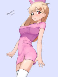 1girl absurdres alternate_costume blonde_hair blue_background breasts dated dress hair_flaps hair_ornament hairclip hat highres kantai_collection large_breasts long_hair maru_(marg0613) nurse nurse_cap one-hour_drawing_challenge pink_dress pink_hat red_eyes solo standing thighhighs twitter_username white_thighhighs yuudachi_(kancolle) yuudachi_kai_ni_(kancolle)