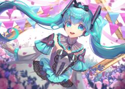 1girl :d aqua_eyes aqua_hair banner black_bow bow breasts detached_sleeves dress flower frilled_dress frills hair_bow hatsune_miku headphones highres kozou_kazaru large_breasts looking_at_viewer open_mouth petals picture_frame pink_flower pink_petals purple_flower rose smile solo teeth tongue twintails upper_teeth_only vocaloid white_background white_dress white_flower white_sleeves