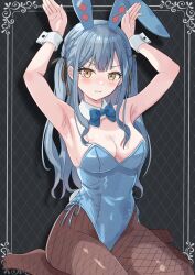 1girl absurdres animal_ears armpits bang_dream! bang_dream!_it&#039;s_mygo!!!!! beniyomogi black_pantyhose blue_hair blue_leotard blush braid breasts cleavage closed_mouth commentary_request fake_animal_ears grey_background highres inset_border large_breasts leotard long_hair no_shoes pantyhose partial_commentary playboy_bunny rabbit_ears sidelocks sitting solo strapless strapless_leotard sweatdrop togawa_sakiko variant_set wavy_mouth white_wrist_cuffs wrist_cuffs yellow_eyes