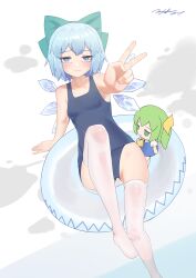 1girl absurdres alternate_costume arm_support blue_bow blue_eyes blue_hair blue_one-piece_swimsuit blush bow breasts cirno closed_mouth commentary daiyousei fumo_(doll) hair_bow highres innertube littiecy looking_at_viewer no_shoes old_school_swimsuit one-piece_swimsuit outstretched_arm school_swimsuit short_hair signature small_breasts solo swim_ring swimsuit symbol-only_commentary thighhighs touhou v water white_thighhighs