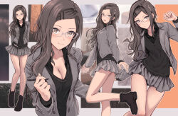 1girl :d black_boots black_shirt black_sweater boots breasts brown_eyes bullfalk cleavage closed_mouth collarbone collared_shirt commentary_request dress_shirt feet_out_of_frame full_body glasses grey-framed_eyewear grey_jacket grey_skirt hair_intakes hair_ornament hairclip heart heart_hair_ornament jacket long_hair long_sleeves looking_at_viewer medium_breasts miniskirt multiple_views open_clothes open_collar open_jacket open_mouth original outline parallel_hairclips pleated_skirt shirt sidelocks skirt smile split_mouth sweater white_outline