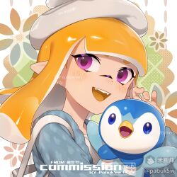 1girl :d artist_name beret blonde_hair blue_jacket blunt_bangs colored_tongue commission crossover fangs gen_4_pokemon hat holding holding_pokemon inkling inkling_girl inkling_player_character jacket long_hair long_sleeves looking_at_viewer mihuashi_logo nintendo open_clothes open_jacket open_mouth pabuk5w pink_eyes piplup pointy_ears pokemon pokemon_(creature) portrait shirt shoulder_strap smile splatoon_(series) tentacle_hair watermark white_hat white_shirt yellow_tongue