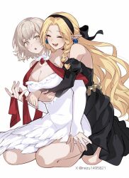 2girls bare_legs black_dress black_hairband blonde_hair braid breasts dress dungeon_meshi elf falin_touden feather-trimmed_dress hairband happy highres hug hug_from_behind long_hair marcille_donato multiple_girls nezu1495821 official_alternate_costume open_mouth pointy_ears smile very_long_hair white_dress yellow_eyes yuri