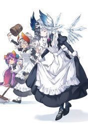 3girls absurdres apron black_dress bowing bucket closed_eyes clothes_lift dress frilled_apron frills glasses grey_hair grey_wings head_wings highres holding holding_mop horns kuuron_(moesann17) long_hair maid maid_apron maid_headdress mop multicolored_hair multiple_girls open_mouth orange_wings orya_(p&amp;d) ponno_(p&amp;d) puffy_sleeves purple_hair puzzle_&amp;_dragons reeche_(p&amp;d) running simple_background skirt skirt_lift smile streaked_hair veil veil_over_one_eye very_long_hair white_apron white_background white_hair wings wooden_bucket