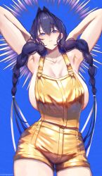 Rule 34 | 1girl, absurdres, armpits, arms behind head, blue background, blue hair, braid, breasts, commentary, cowboy shot, double-parted bangs, english commentary, erasorpepero, hair between eyes, hair intakes, hair over shoulder, highres, hololive, hololive english, huge breasts, long hair, looking at viewer, low twin braids, naked overalls, official alternate hairstyle, ouro kronii, overall shorts, overalls, pout, simple background, solo, straight-on, twin braids, virtual youtuber, yellow overalls