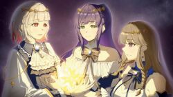 Rule 34 | 3girls, ascot, braid, brown hair, closed mouth, collarbone, commentary, dress, eight-pointed star, frilled dress, frills, fujishima megumi, fujishima megumi (kuon no ginga e), green eyes, grey hair, grin, hair intakes, half updo, head wreath, highres, link! like! love live!, love live!, low twin braids, making-of available, michisato, multicolored hair, multiple girls, off-shoulder dress, off shoulder, official alternate costume, official alternate hairstyle, open mouth, otomune kozue, otomune kozue (rinne no ginga e), profile, purple eyes, purple hair, red hair, side braid, sidelocks, sideways mouth, smile, split mouth, star wreath, streaked hair, twin braids, virtual youtuber, white ascot, yugiri tsuzuri, yugiri tsuzuri (fukuin no ginga e)
