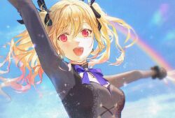 1girl :d black_bow blonde_hair blue_bow bow breasts floating_hair hair_bow highres long_hair long_sleeves looking_at_viewer medium_breasts open_mouth outstretched_arms potienotforty project_sekai rainbow red_eyes ribbon sky smile solo tenma_saki twintails upper_body virtual_youtuber