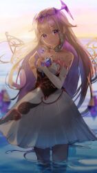 1girl absurdres blush crown dress gem highres hololive hololive_english jaihu koseki_bijou long_hair looking_at_viewer purple_eyes purple_hair smile solo very_long_hair virtual_youtuber water wings