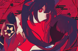 2girls black_jacket blue_ribbon dress dual_persona egasumi faceless faceless_female facing_viewer floating_hair from_side hair_between_eyes highres honkai:_star_rail honkai_(series) jacket long_hair looking_at_viewer multiple_girls neck_ribbon peko_teupel portrait profile red_background red_dress red_eyes red_theme ribbon seigaiha sidelocks sideways_glance simple_background sleeveless sleeveless_dress sparkle_(honkai:_star_rail) straight_hair twintails