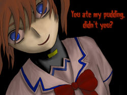 Rule 34 | 00s, 1girl, blue eyes, bow, brown hair, english text, female focus, head tilt, lyrical nanoha, magical girl, mahou shoujo lyrical nanoha, purple eyes, red bow, red hair, smile, solo, takamachi nanoha, white devil, yandere