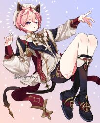 1boy artist_name beret black_boots black_shorts body_markings boots dahlia_(genshin_impact) full_body genshin_impact gold_trim gradient_background hair_between_eyes hands_up hat highres long_sleeves looking_at_viewer male_focus open_mouth pink_background pink_hair puffy_long_sleeves puffy_sleeves purple_background purple_eyes shirt short_hair shorts solo sparkle_background tamasamaa tassel two-tone_background white_hat white_shirt