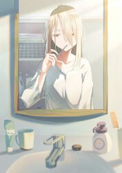 Rule 34 | 1girl, absurdres, blonde hair, brushing teeth, chocolat teddy, collarbone, colored eyelashes, comb, commentary request, cup, drain plug, gakuen idolmaster, half-closed eyes, highres, idolmaster, long hair, long sleeves, mirror, mug, orange eyes, shinosawa hiro, shirt, sink, solo, toothpaste, towel, white shirt