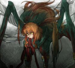 1girl armlet blood blood_in_hair blood_on_face colored_sclera e.g.o_(project_moon) fairy_festival fairy_wings freckles gradient_hair green_hair highres humian0101 intestines ishmael_(project_moon) jewelry limbus_company long_hair looking_at_viewer monster multicolored_hair multiple_legs murder no_pupils orange_hair project_moon sidelocks solo very_long_hair wingbeat_(e.g.o) wings yellow_sclera
