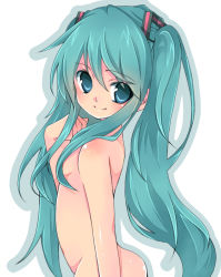 Rule 34 | 1girl, aqua eyes, aqua hair, bad id, bad pixiv id, female focus, hair censor, hatsune miku, long hair, nude, ryuuga sazanami, simple background, smile, solo, twintails, very long hair, vocaloid, white background