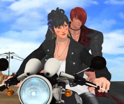 Rule 34 | black hair, blushing female, highres, kagura chizuru, motor vehicle, motorcycle, priestess, red hair, riding bike, snk, the king of fighters, xnalara (medium), yagami iori
