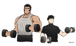2boys artist_name black_hair black_shirt dark-skinned_male dark_skin exercising friends gouda_musashi highres kageyama_shigeo male_focus mob_psycho_100 multiple_boys muscular muscular_male sadynsava shirt short_hair signature simple_background sleeveless sleeveless_shirt training weightlifting