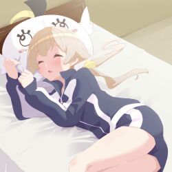 1girl alternate_costume bed_sheet blonde_hair blue_archive blue_jacket blue_shorts bow commentary_request gym_shorts hair_bow head_on_pillow hifumi_(blue_archive) highres indoors jacket kyousuke_(orcein) light_blush long_hair low_twintails lying on_bed on_side open_mouth peroro_(blue_archive) pillow short_shorts shorts sleeping solo thighs track_jacket twintails yellow_bow