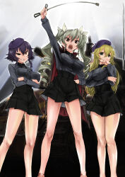 Rule 34 | 3girls, absurdres, anchovy (girls und panzer), arm up, bare legs, beret, black cape, black hair, black hat, black ribbon, blonde hair, braid, brown eyes, cape, carpaccio (girls und panzer), commentary request, commission, crossed arms, drill hair, frown, girls und panzer, green eyes, green hair, grin, half-closed eyes, hand on own hip, hat, highres, holding, holding riding crop, kuromorimine military uniform, long hair, looking at viewer, multiple girls, nabeyu, open mouth, partial commentary, pepperoni (girls und panzer), pixiv commission, red cape, ribbon, riding crop, short hair, side braid, smile, smirk, twin drills, twintails, two-sided cape, two-sided fabric, white ribbon