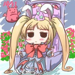 1girl :&lt; :3 animal_ears banderasu black_eyes blazblue blonde_hair blush bow bowtie chibi closed_mouth dated dress fork full_body gii hat holding holding_fork holding_spoon long_hair long_sleeves lowres nago party_hat rabbit_ears rachel_alucard red_bow red_bowtie red_eyes sitting spoon throne twintails vampire very_long_hair