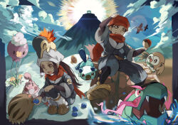 1boy 1girl :d absurdres akari_(pokemon) basculegion basculegion_(male) berry_(pokemon) brown_footwear cloud commentary_request creatures_(company) cyndaquil day drifloon game_freak gen_2_pokemon gen_4_pokemon gen_5_pokemon gen_7_pokemon grin happiny headscarf highres holding holding_poke_ball jacket logo mountain nintendo on_head open_mouth oran_berry oshawott outdoors pants pantyhose poke_ball hisuian_poke_ball pokemon pokemon_(creature) pokemon_legends:_arceus pokemon_on_head ponytail red_headwear red_scarf rei_(pokemon) rowlet scarf shirt shoes sidelocks sky smile starly swinub teeth tongue tyaui_(xjju4435) upper_teeth_only white_headscarf