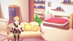 3d aether_(genshin_impact) bed couch genshin_impact highres koikatsu_(medium) library non-web_source plant