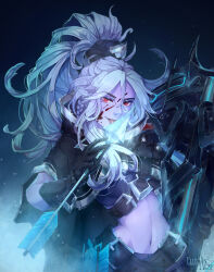 1girl absurdres arrow_(projectile) black_cape black_gloves blood blood_on_face blue_skin bow_(weapon) braid cape closed_mouth colored_skin commentary commission crossbow dota_(series) dota_2 drow_ranger_(dota) eluvianart english_commentary gloves highres holding holding_arrow holding_crossbow holding_weapon licking lips long_hair looking_at_viewer midriff navel ponytail red_eyes signature smile solo stomach tongue tongue_out upper_body weapon white_hair